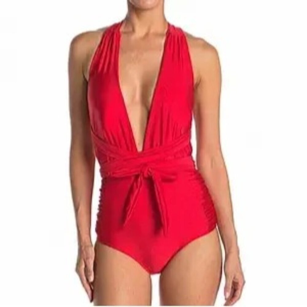 Y Nicole Miller New York Red Convertible Deep V Neck Strappy One Piece Swimsuit